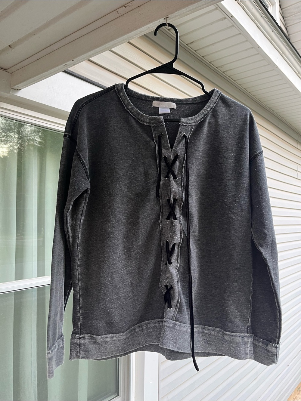 Women’s Lace-Up Long Sleeve Top - Charcoal Gray